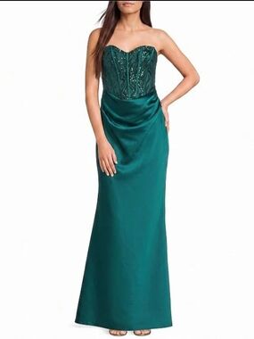 B Darlin Strapless Beaded Corset Satin Gown in Emerald